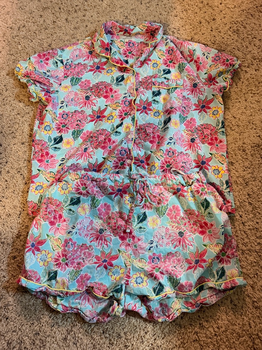Pink Floral Short Pajama Set on Light Blue